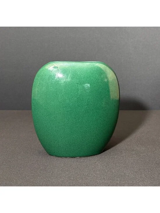 Vintage Green Ceramic Vase Glossy Finish Asymmetrical Oval Shape Modern Design - Picture 1 of 12